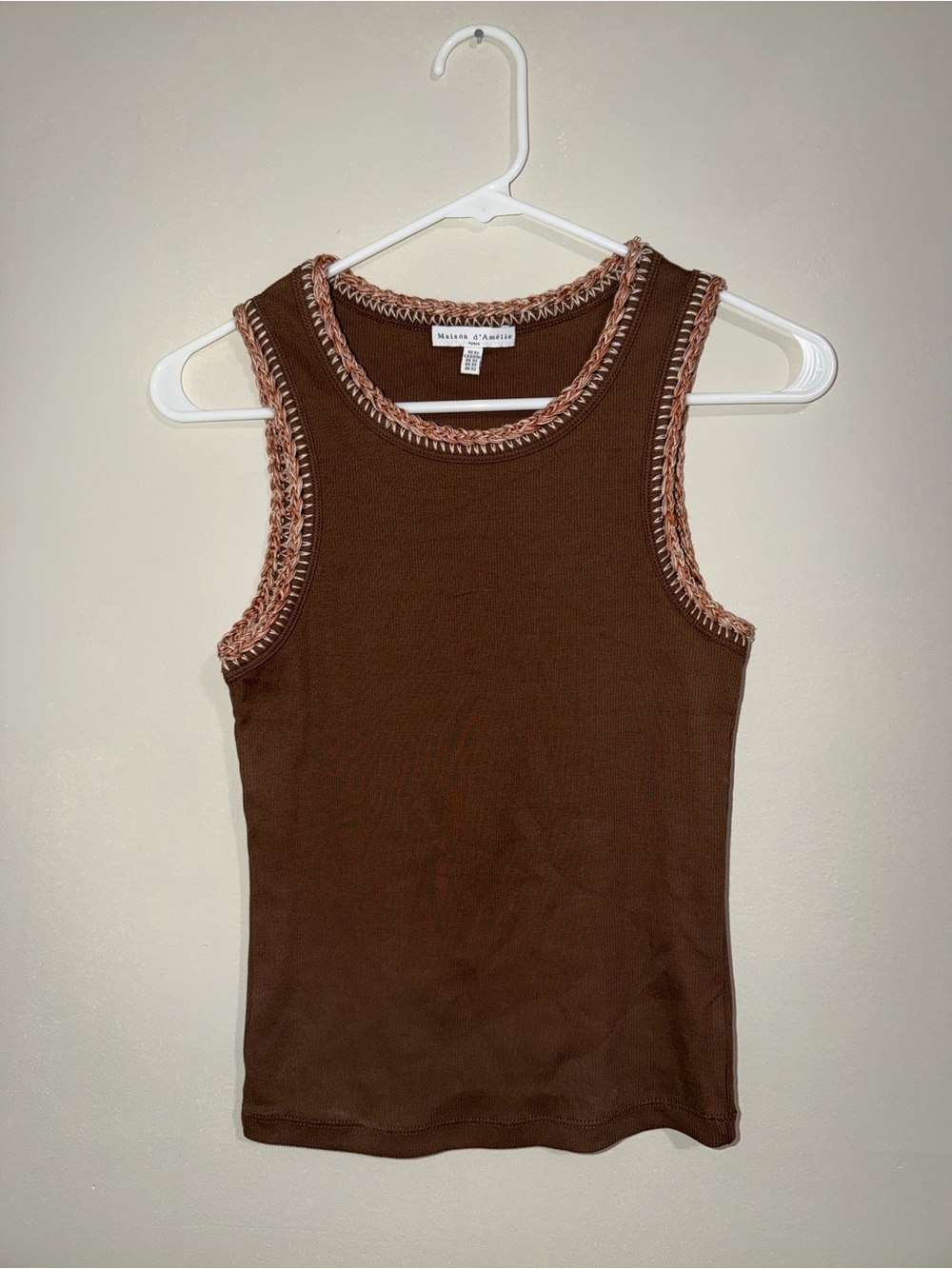 Maison d’Amélie Paris XS Brown Knit Tank Top Crochet Trim Boho